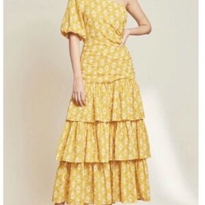 One-Shoulder Yellow Floral Tiered Maxi Dress